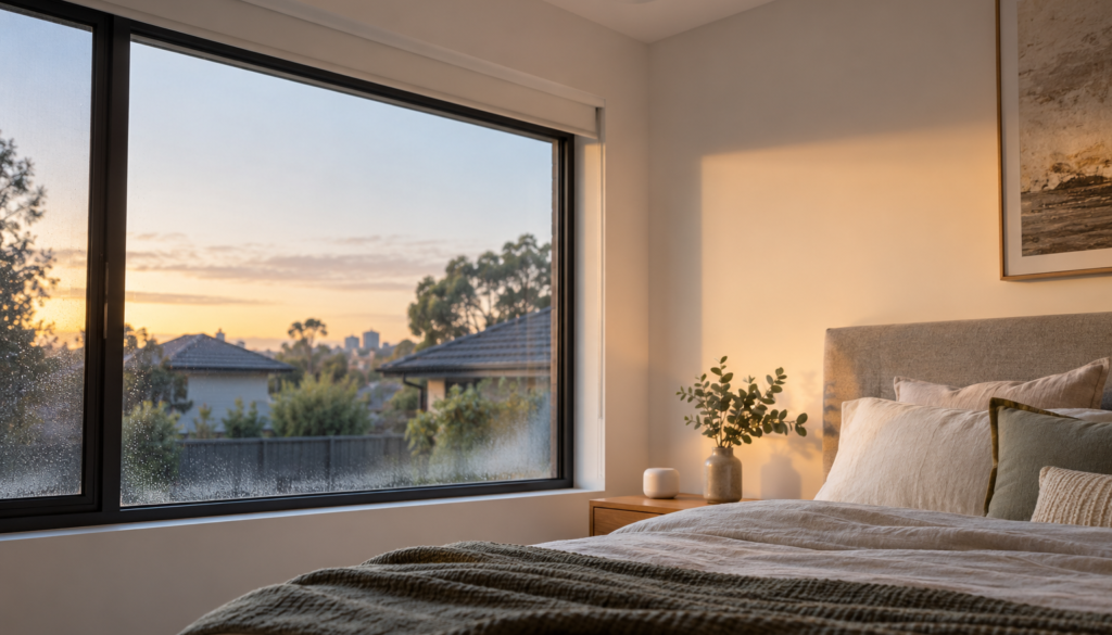 Melbourne bedroom with a closed window and ceiling ventilation outlet